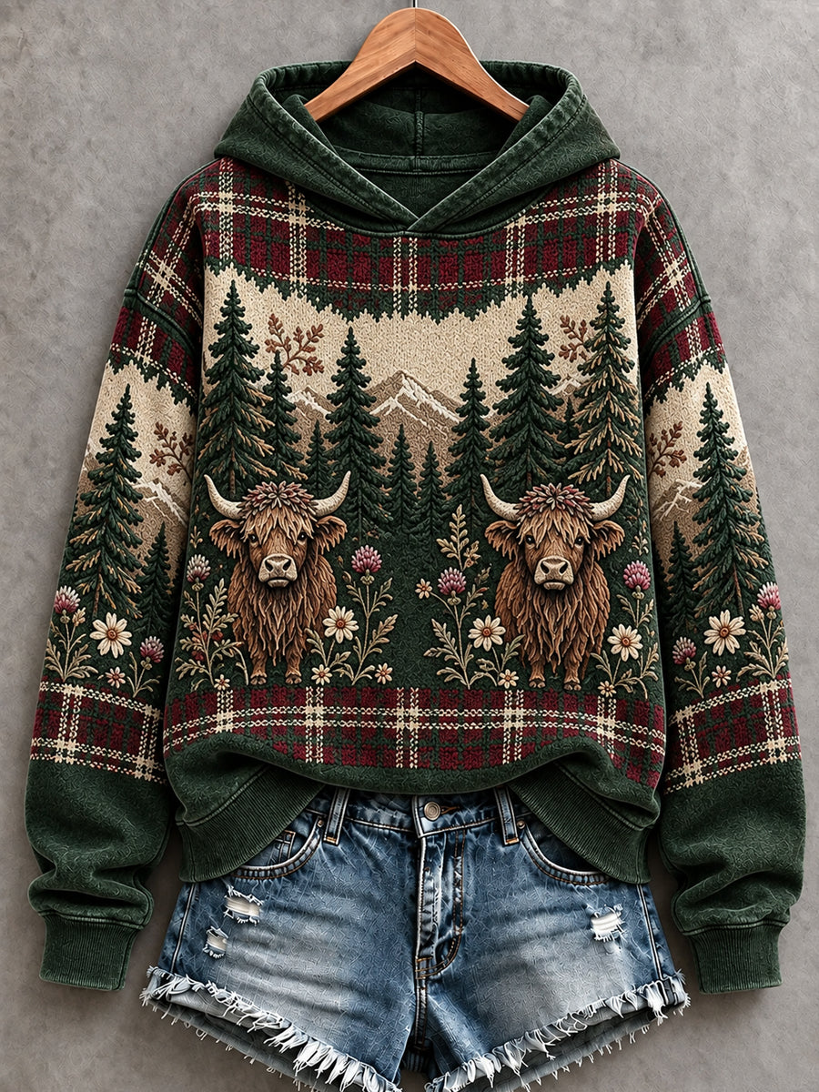 Women's Cute Highland Cow Art Print Hoodie