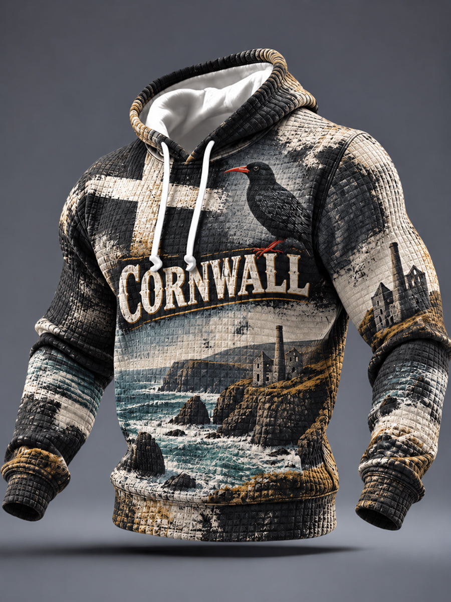 Men's Cornwall Art Print Checkered Cotton Hoodie