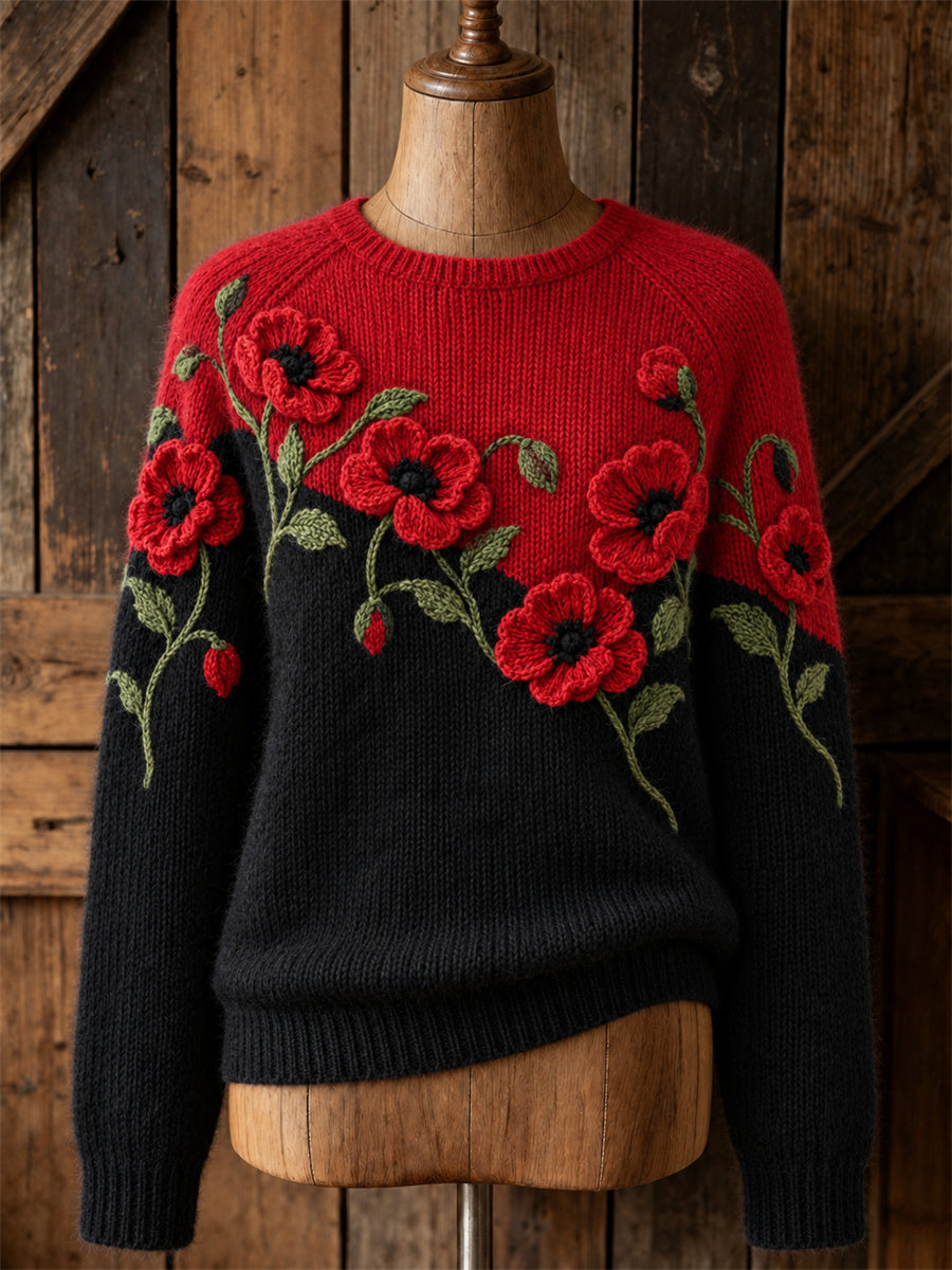 Women's Classy Papaveraceae Floral Contrast Color Print crew neck sweater