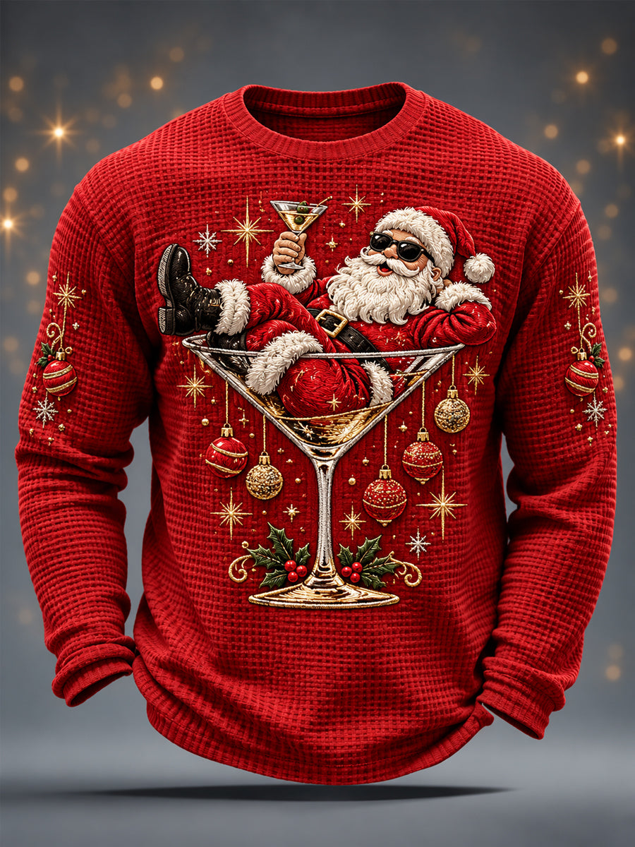 Men's Christmas Santa Claus Wine Glass Print Casual Waffle Long Sleeve T-Shirt