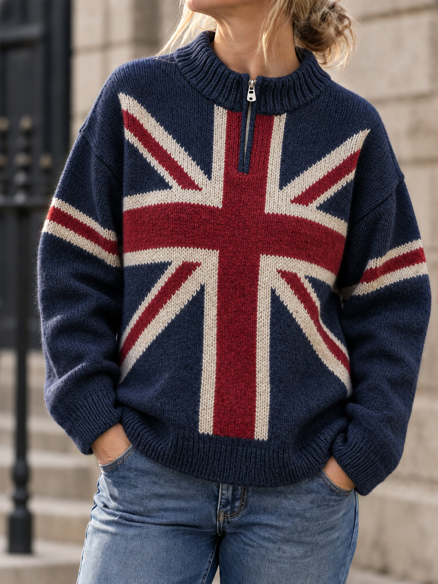 Women's UK Flag Print Casual Zipper Pullover