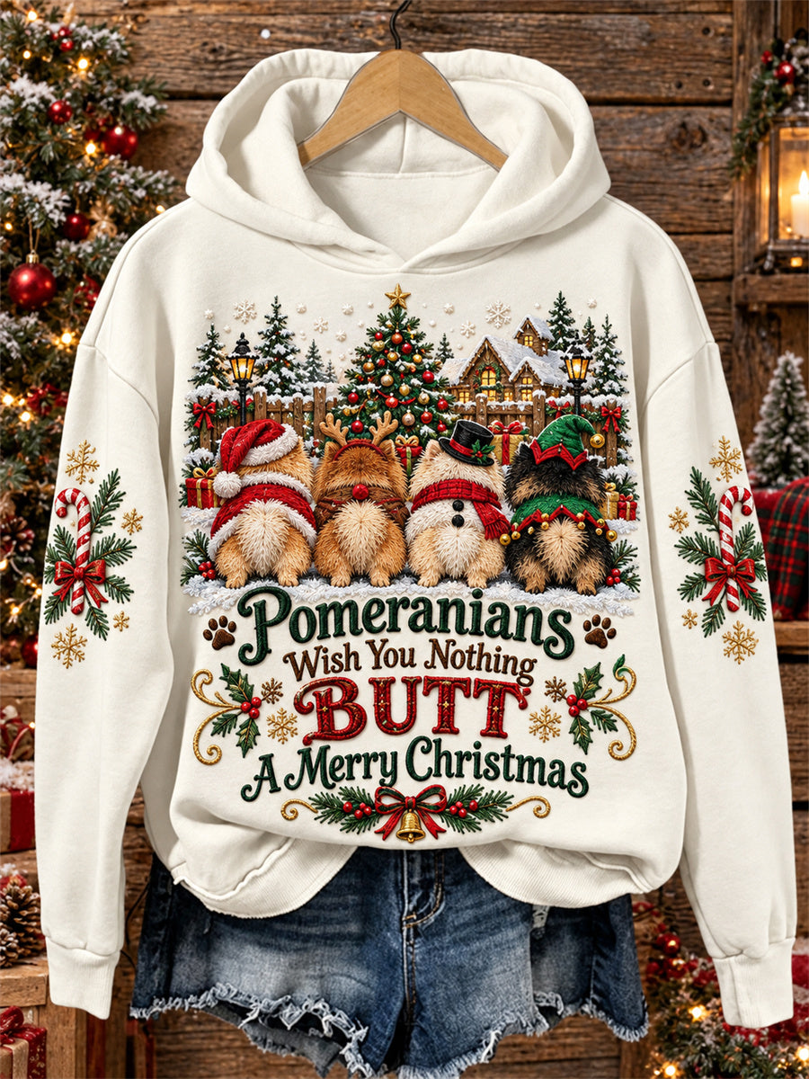 Women's Pomeranians Wish You Nothing Butt A Merry Christmas Print Cozy Hoodie