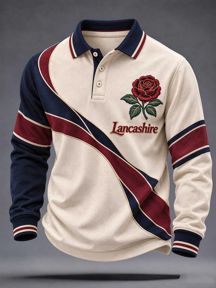 Men's England Lancashire Day Red Roses Art Printed long sleeve polo