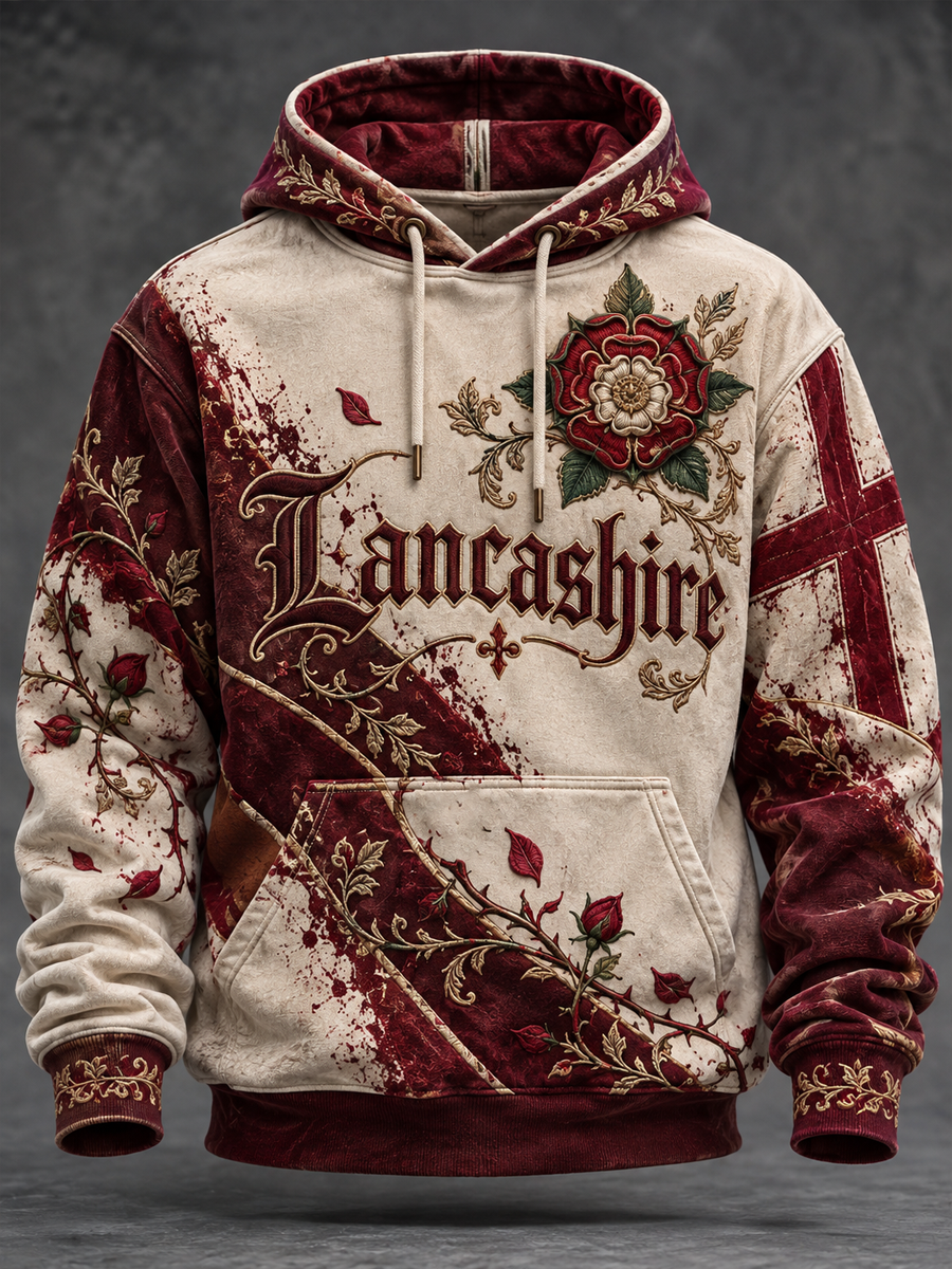 Men's England Lancashire Day Red Roses Art Printed Hoodie with Pockets
