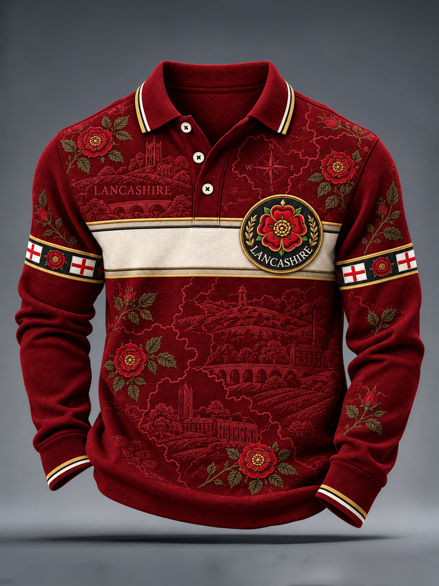 Men's England Lancashire Day Red Roses Art Printed long sleeve polo