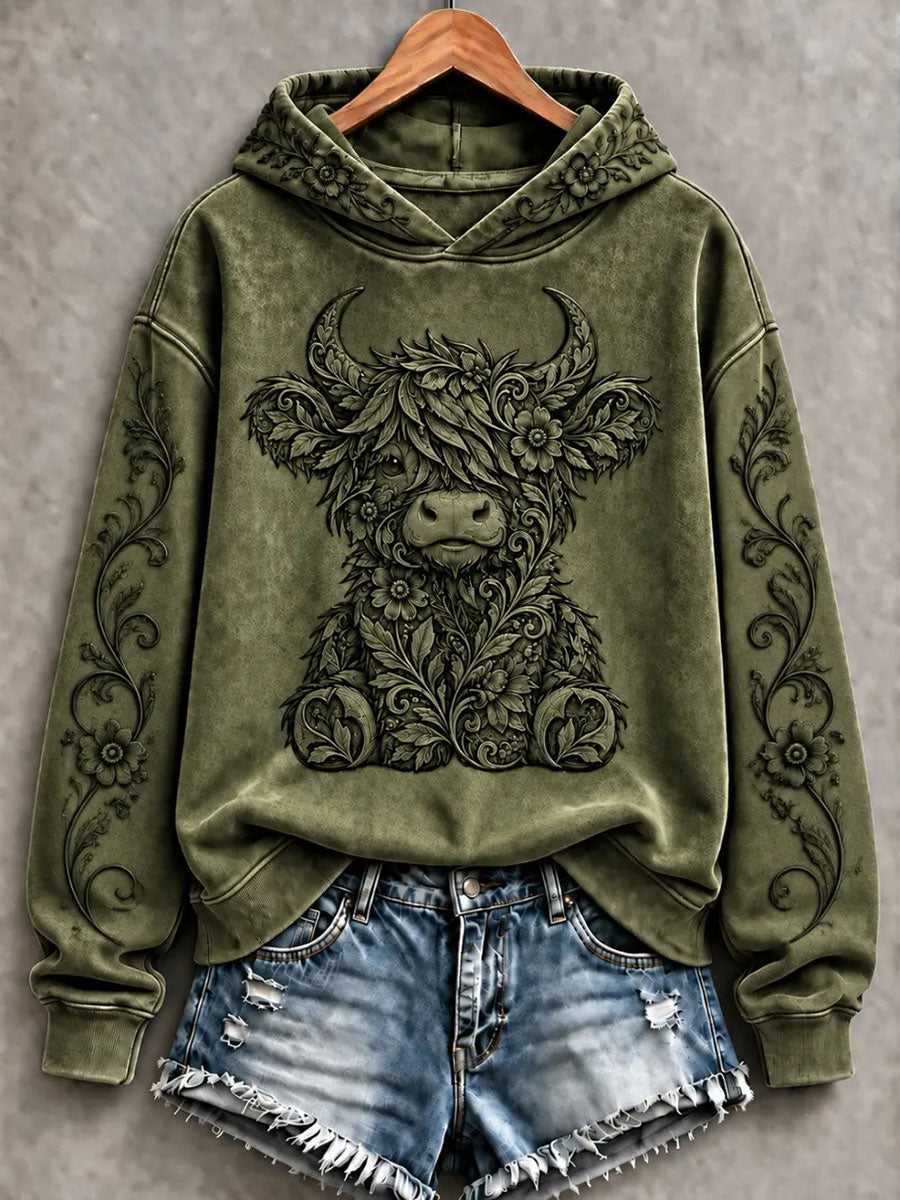 Women's Highland Cow Art Print Casual Hoodie