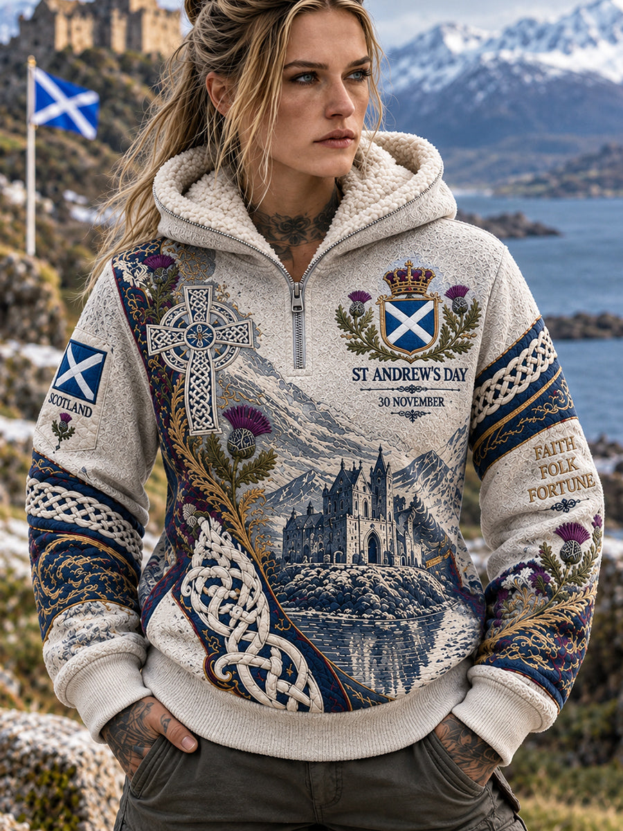 Women's Vintage Scottish St Andrew's Day Printed Fleece-Lined Hoodie
