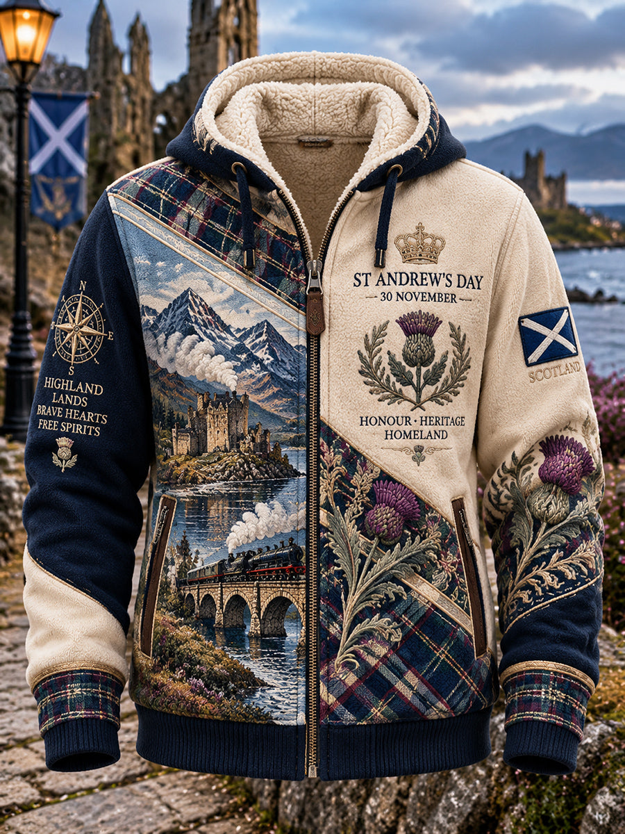Men's Vintage Scottish St Andrew's Day Printed Shearling Hooded Coat