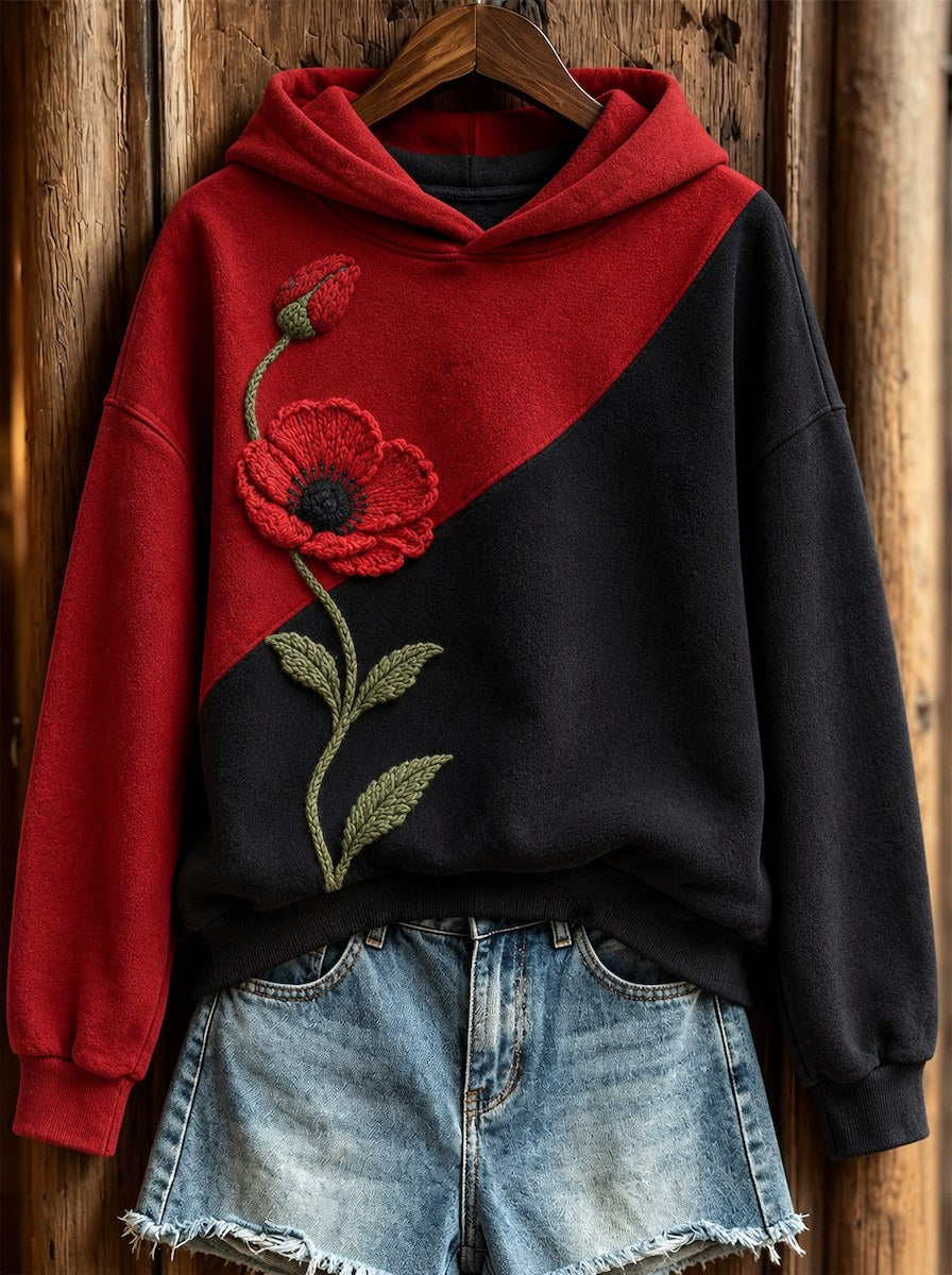 Women's Classy Papaveraceae Flower Contrast Color Print Hoodie