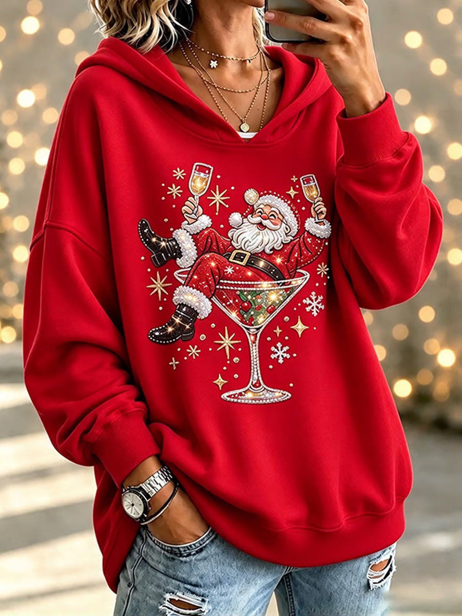 Women's Christmas Santa Claus Wine Glass Print Sweatshirt