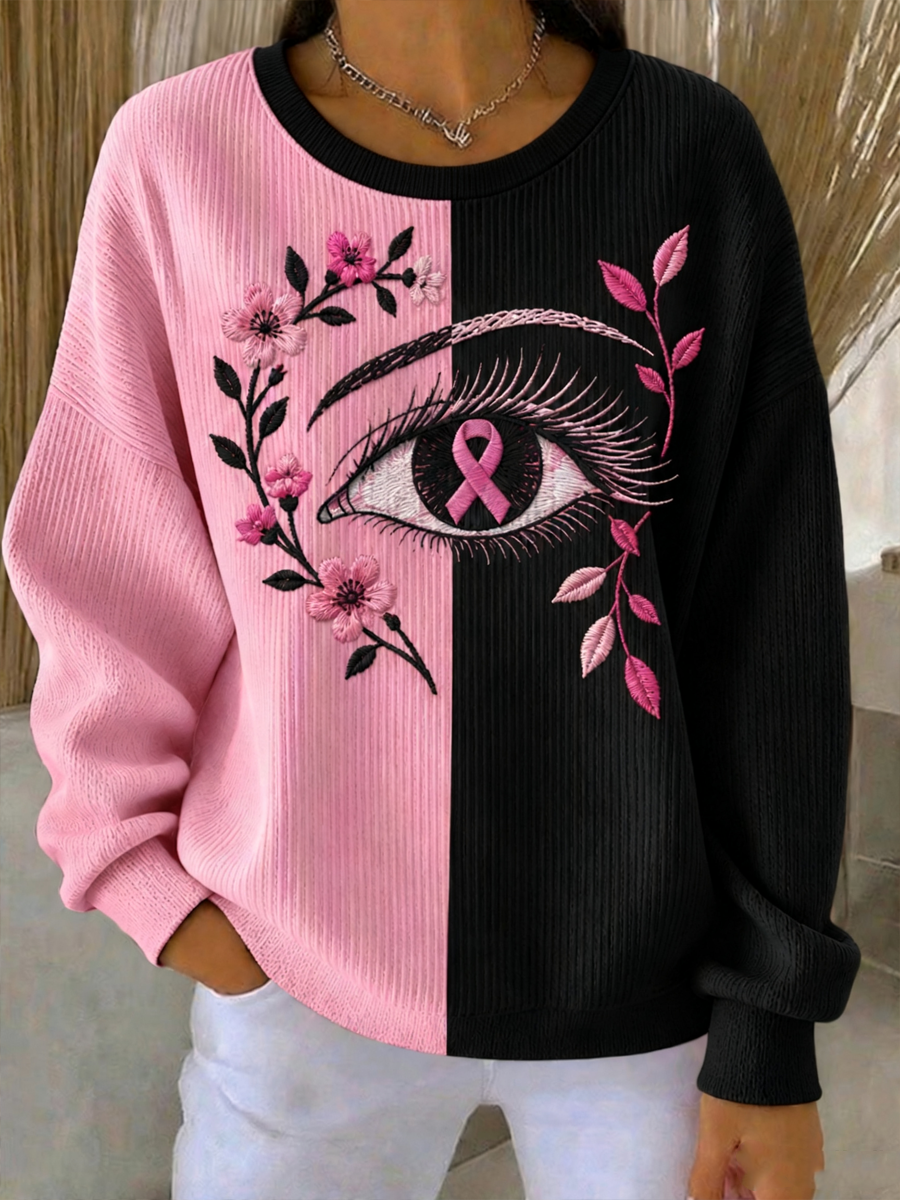 Women's Pink Breast Cancer Awareness Printed Ribbed Round-Neck Sweatshirt