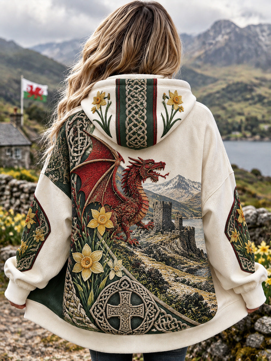 Women's Vintage British Wales Printed Zip-Up Hoodie