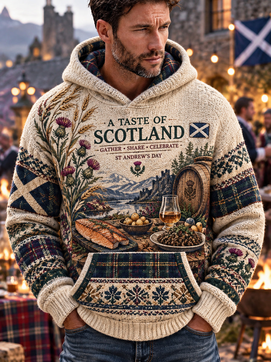 Men's Vintage Scottish St Andrew's Day Printed Hooded Imitation Sweater