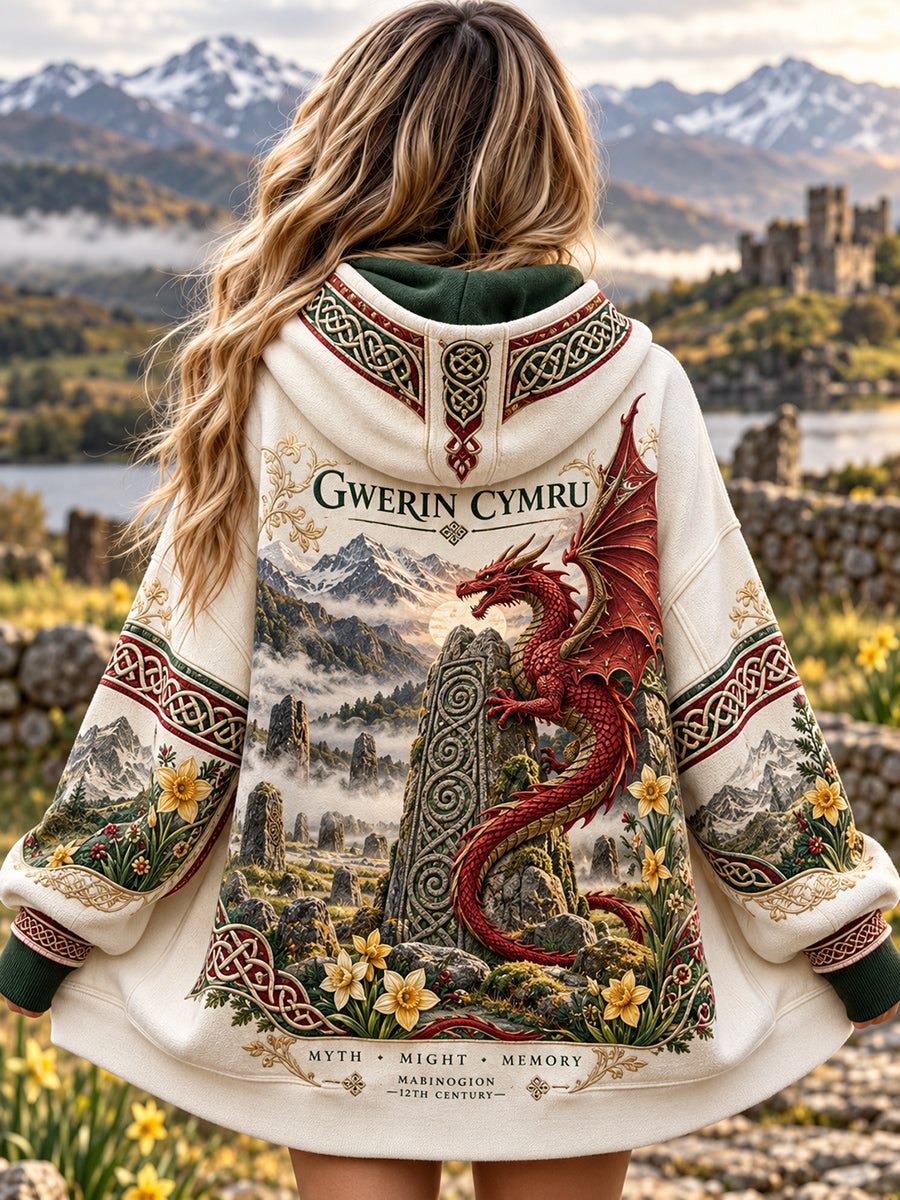 Women's Vintage British Wales Printed Zip-Up Hoodie