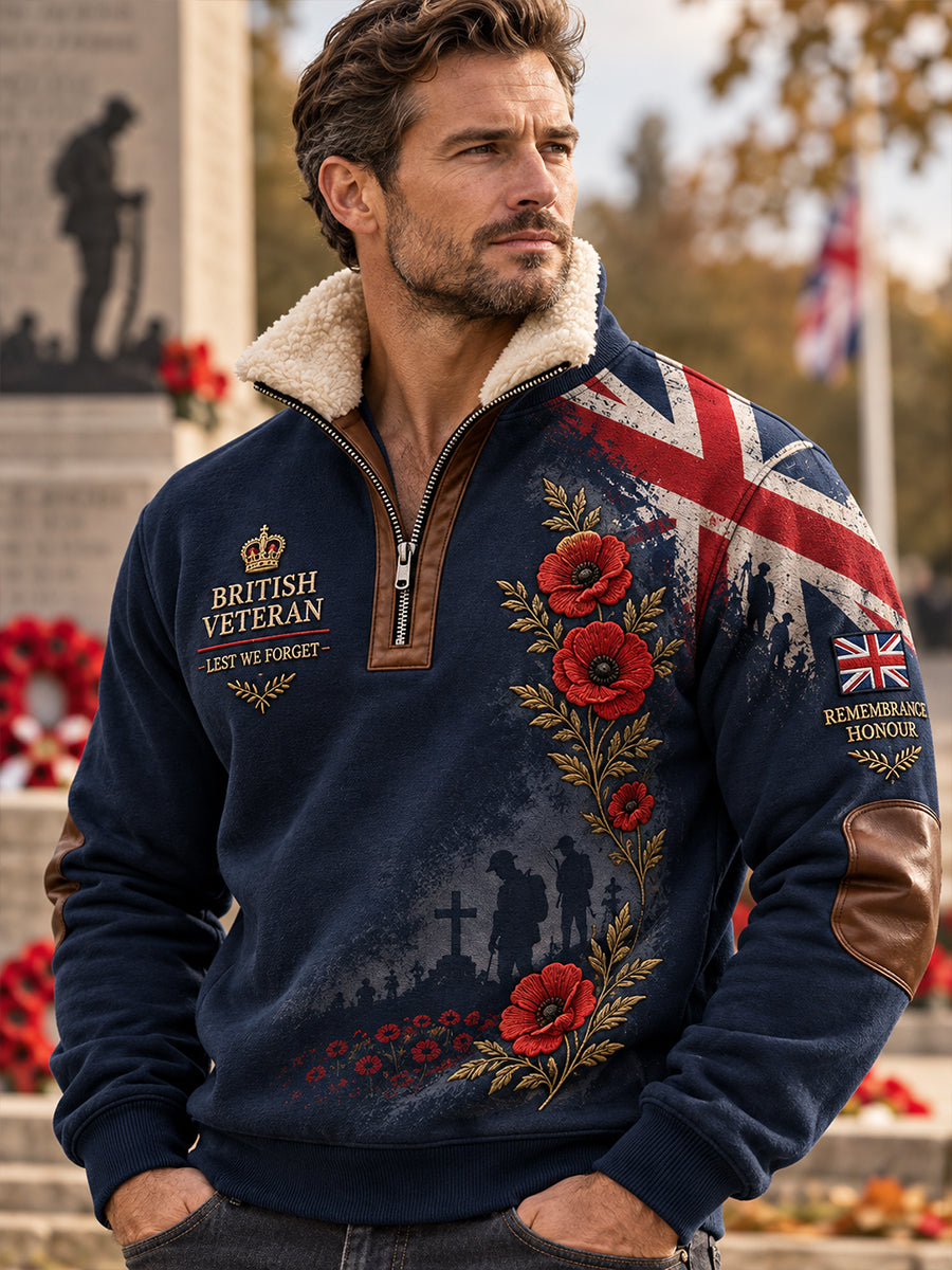 Men's Fleece-Lined High-Neck Sweatshirt With Remembrance Day Themed Print