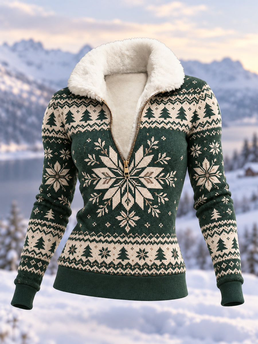 Women's Geometric Motifs Print Casual Plush Zipper Pullover