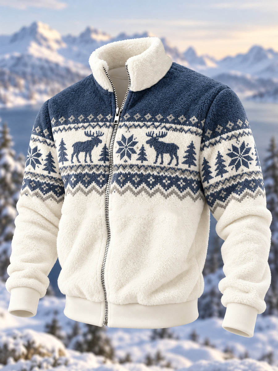 Men's Geometric Motifs Moose Print Casual Flannel Zipper Jacket