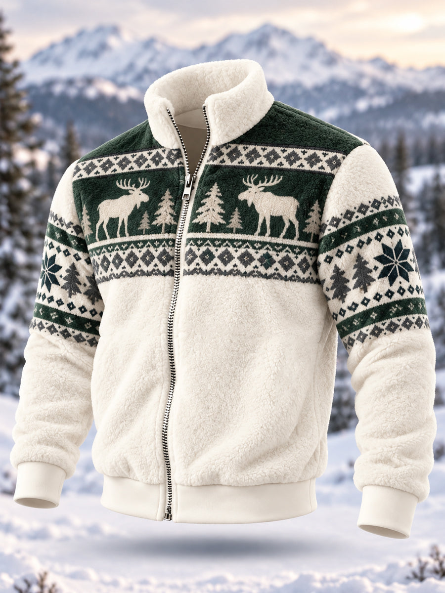 Men's Geometric Motifs Moose Print Casual Flannel Zipper Jacket