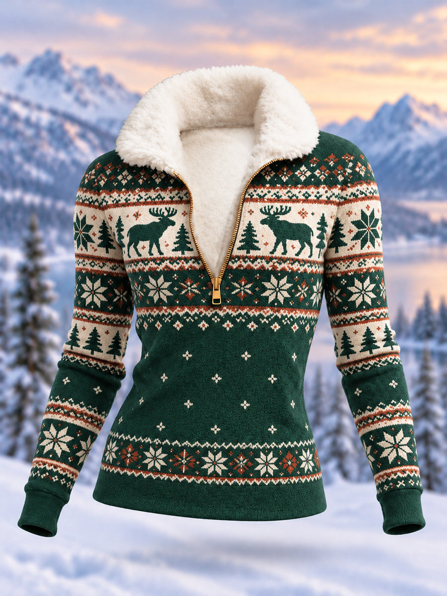 Women's Geometric Motifs Moose Print Casual Plush Zipper Pullover