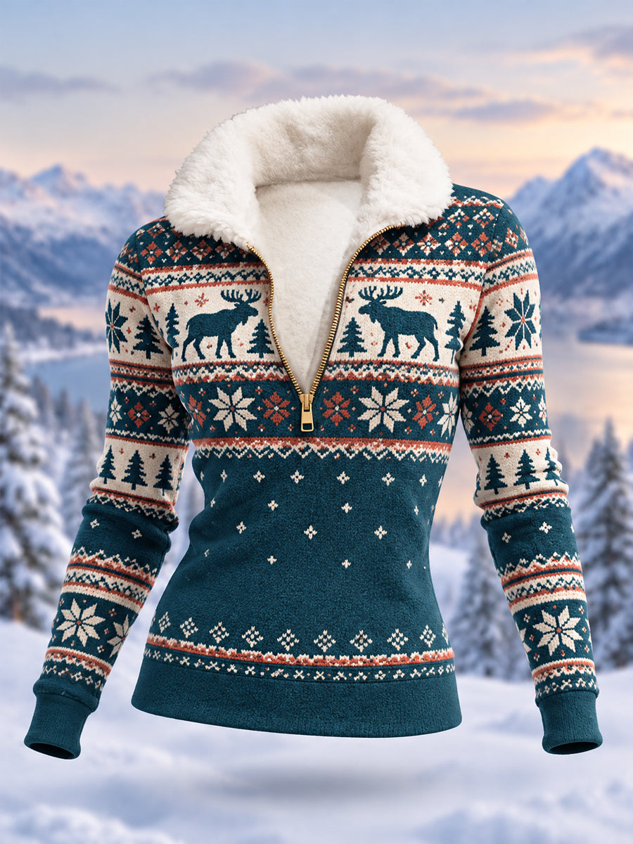 Women's Geometric Motifs Moose Print Casual Plush Zipper Pullover