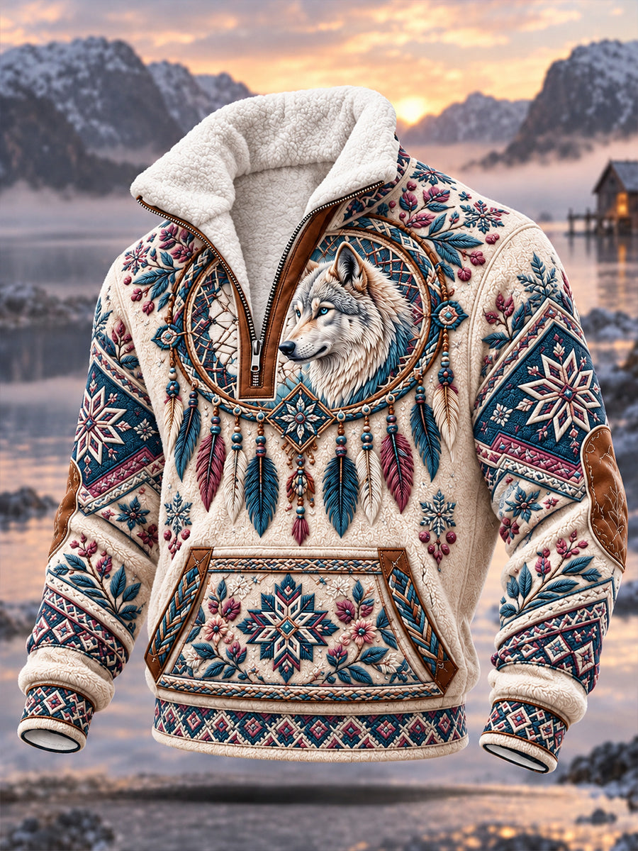 Men's Nordic Forest Animal Print Fleece-Lined Half-Zip Sweatshirt