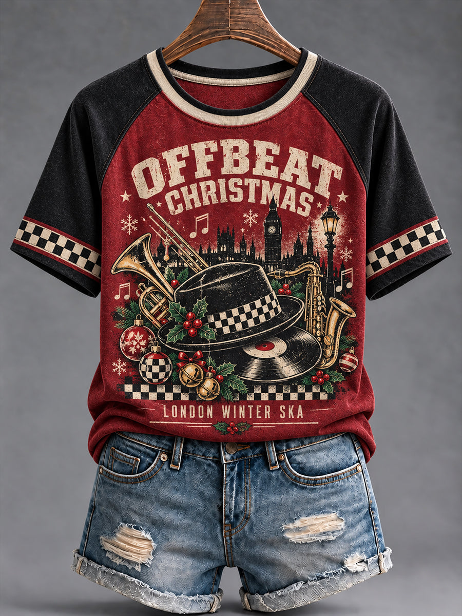 Women's Merry Ska Christmas Print Round Neck T-shirt