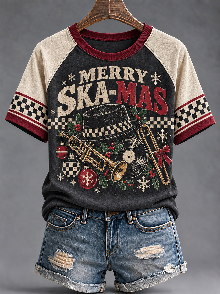 Women's Merry Ska Christmas Print Round Neck T-shirt