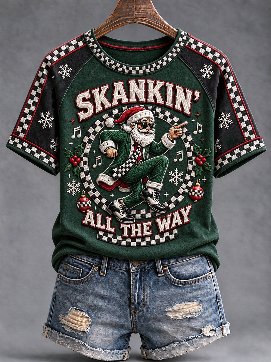 Women's Merry Ska Christmas Print Round Neck T-shirt