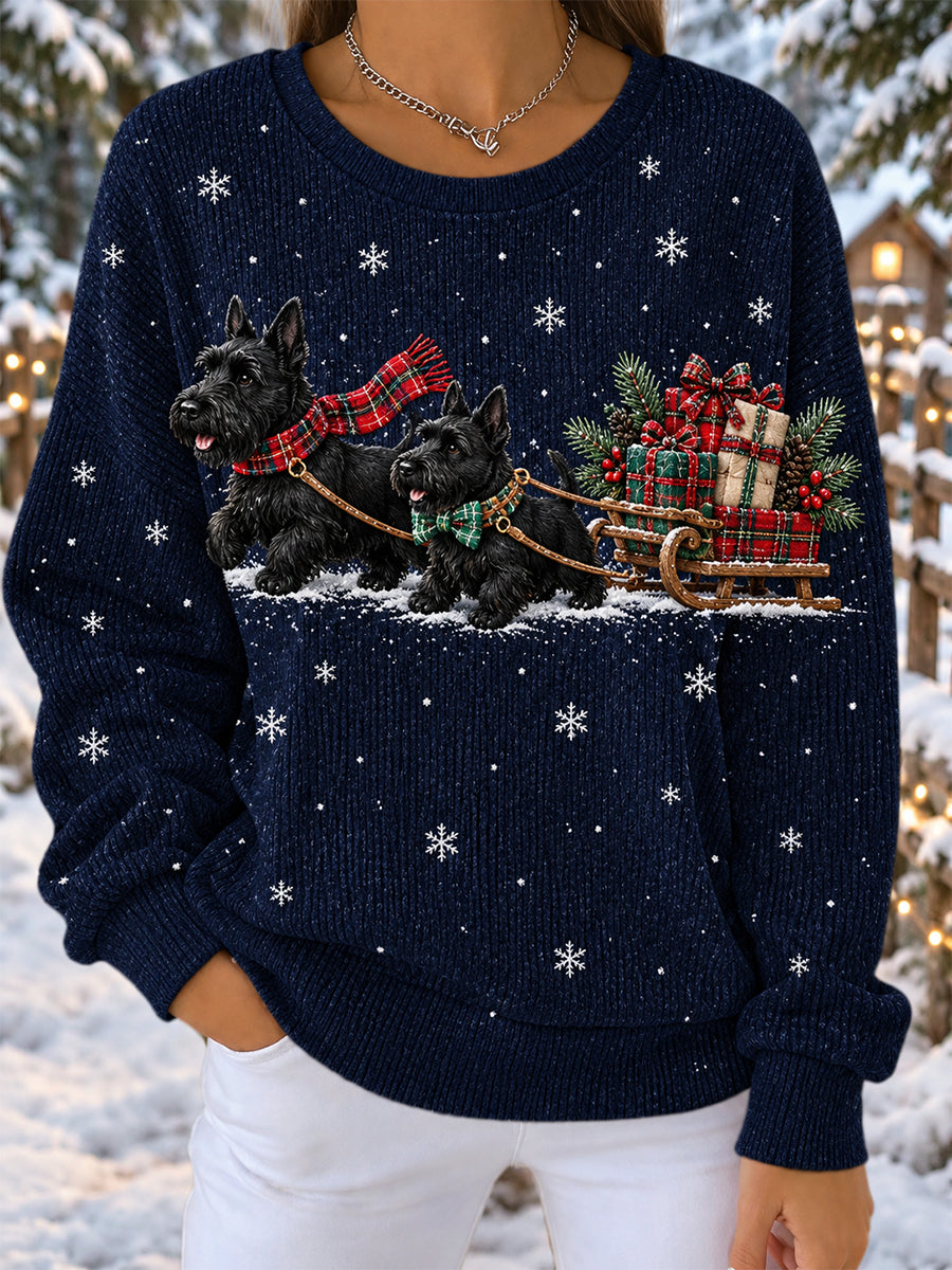 Women's Vintage Scottish Christmas Ribbed Round-Neck Sweatshirt