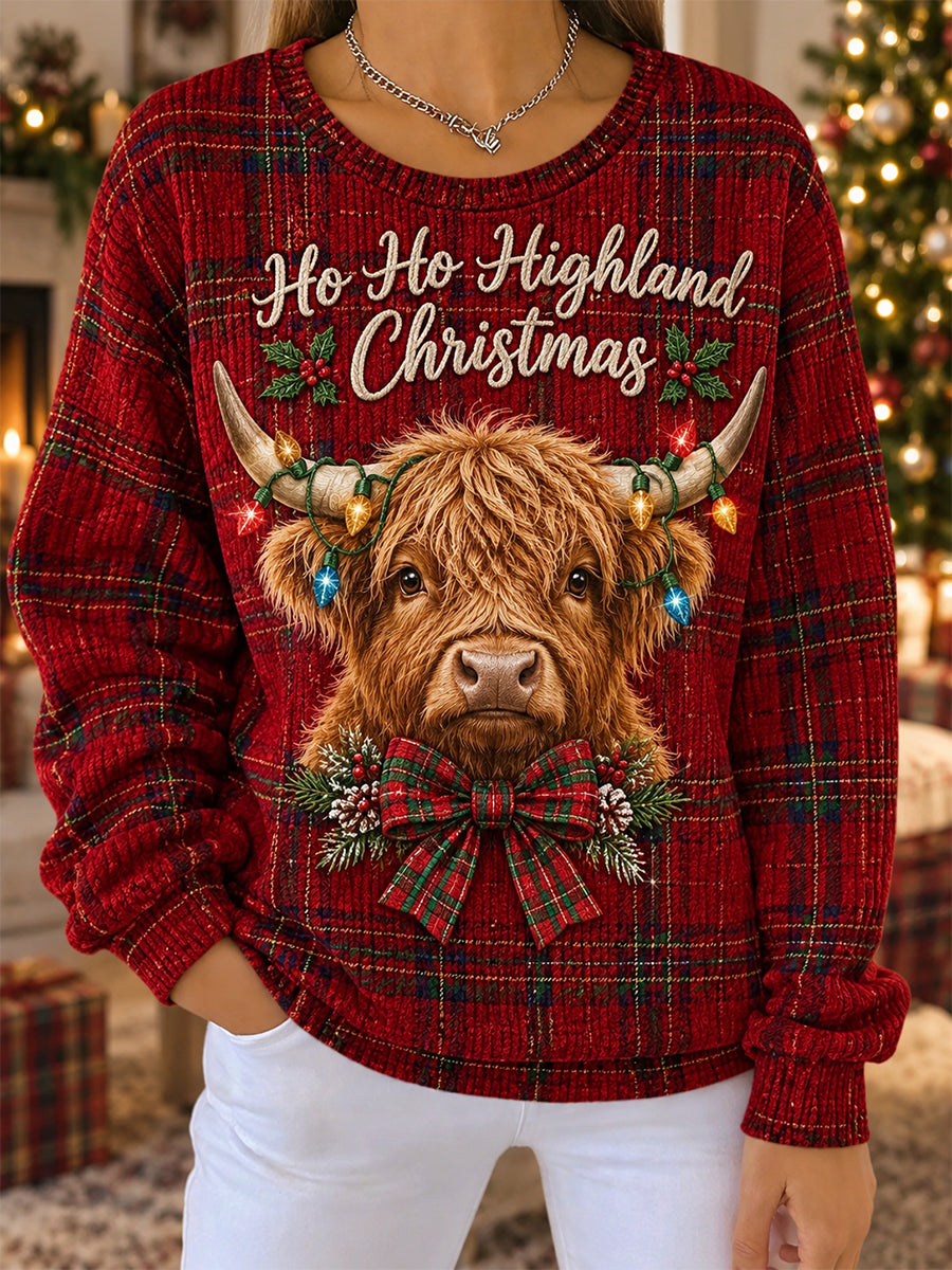 Women's Vintage Scottish Christmas Ribbed Round-Neck Sweatshirt
