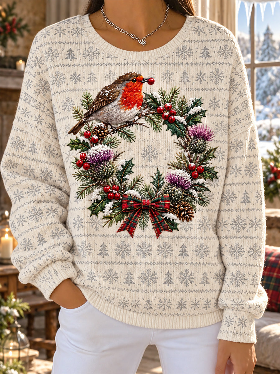 Women's Vintage Scottish Christmas Ribbed Round-Neck Sweatshirt