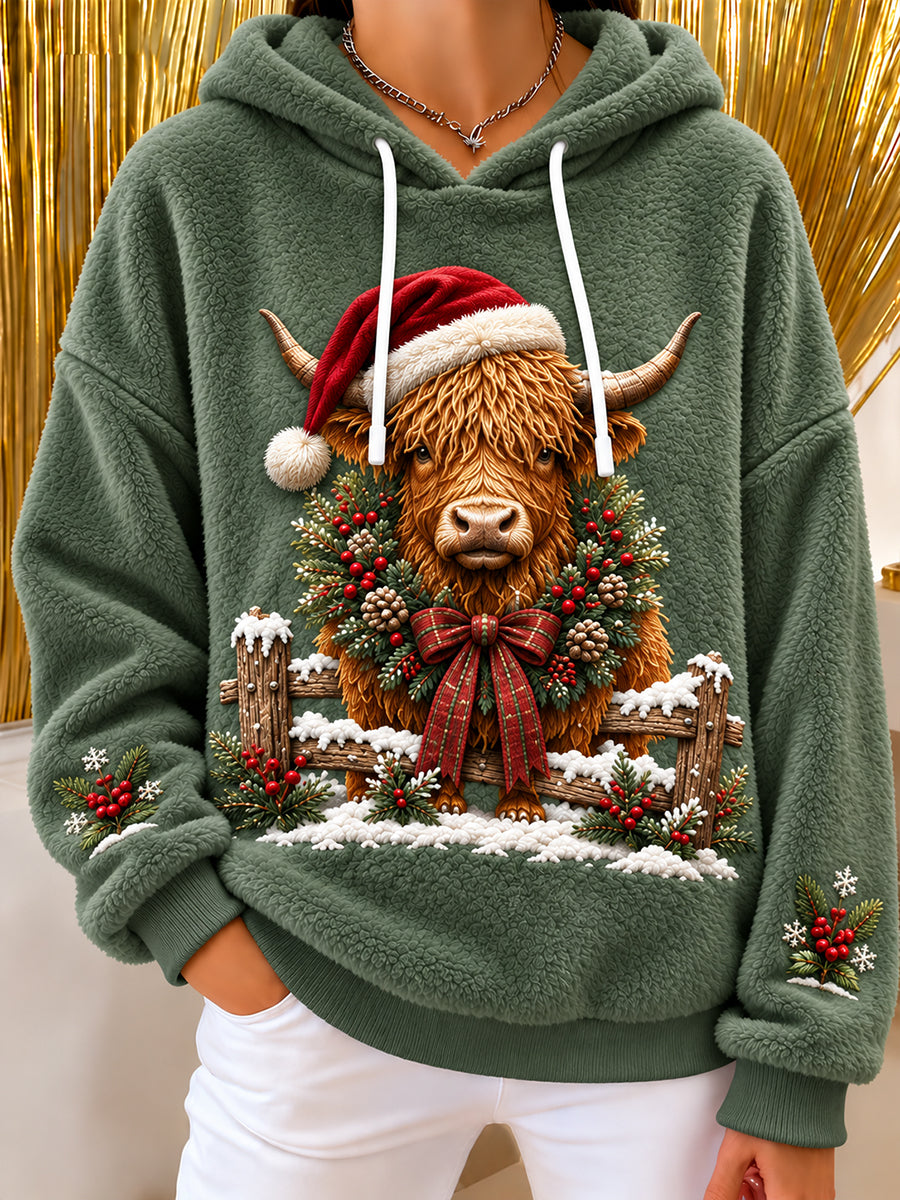Women's Christmas Highland Cow Art Print Flannel Hoodie