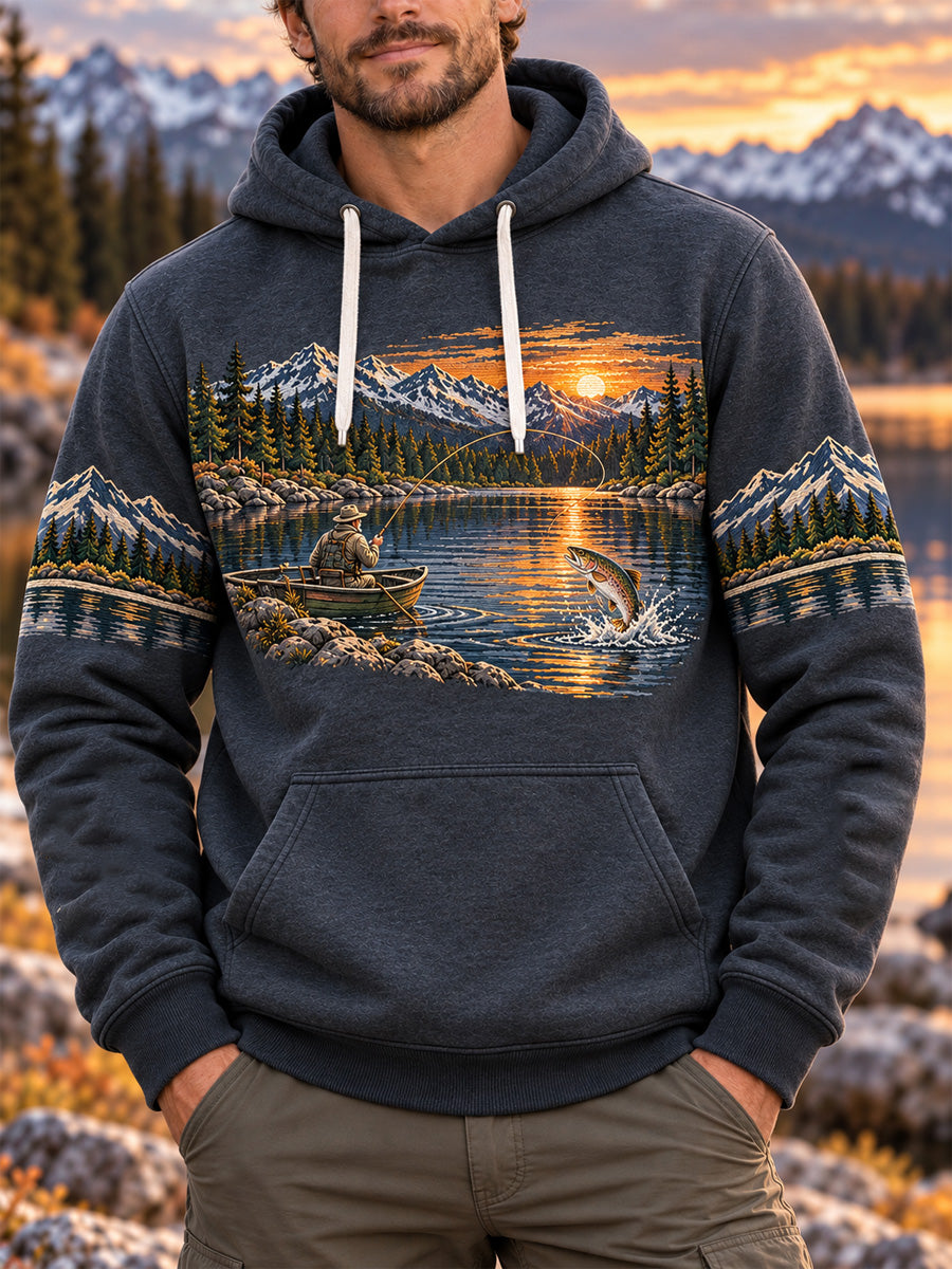 Men's Vintage Wilderness Fishing Print Oversized Drop-Shoulder Hoodie with Pockets