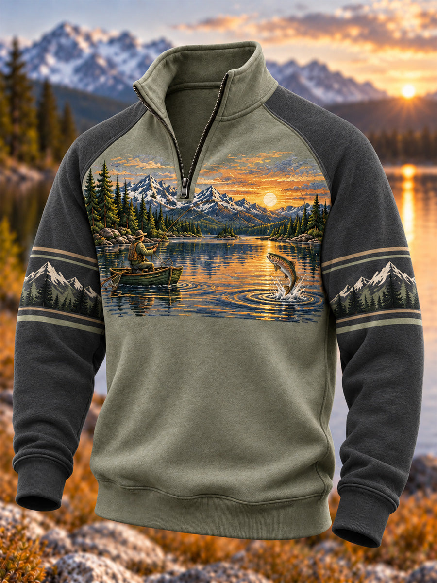 Men's Vintage Wilderness Fishing Print Zip-Up Hoodie