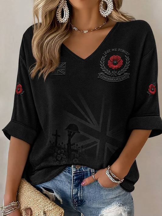 Women's Lest We Forget Print Mid-length Sleeves V-Neck T-Shirt