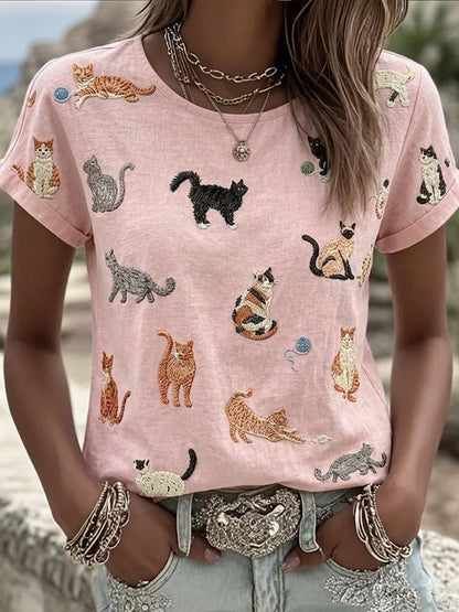 Women's Vintage Cute Cats Art Linen Short Sleeves Top