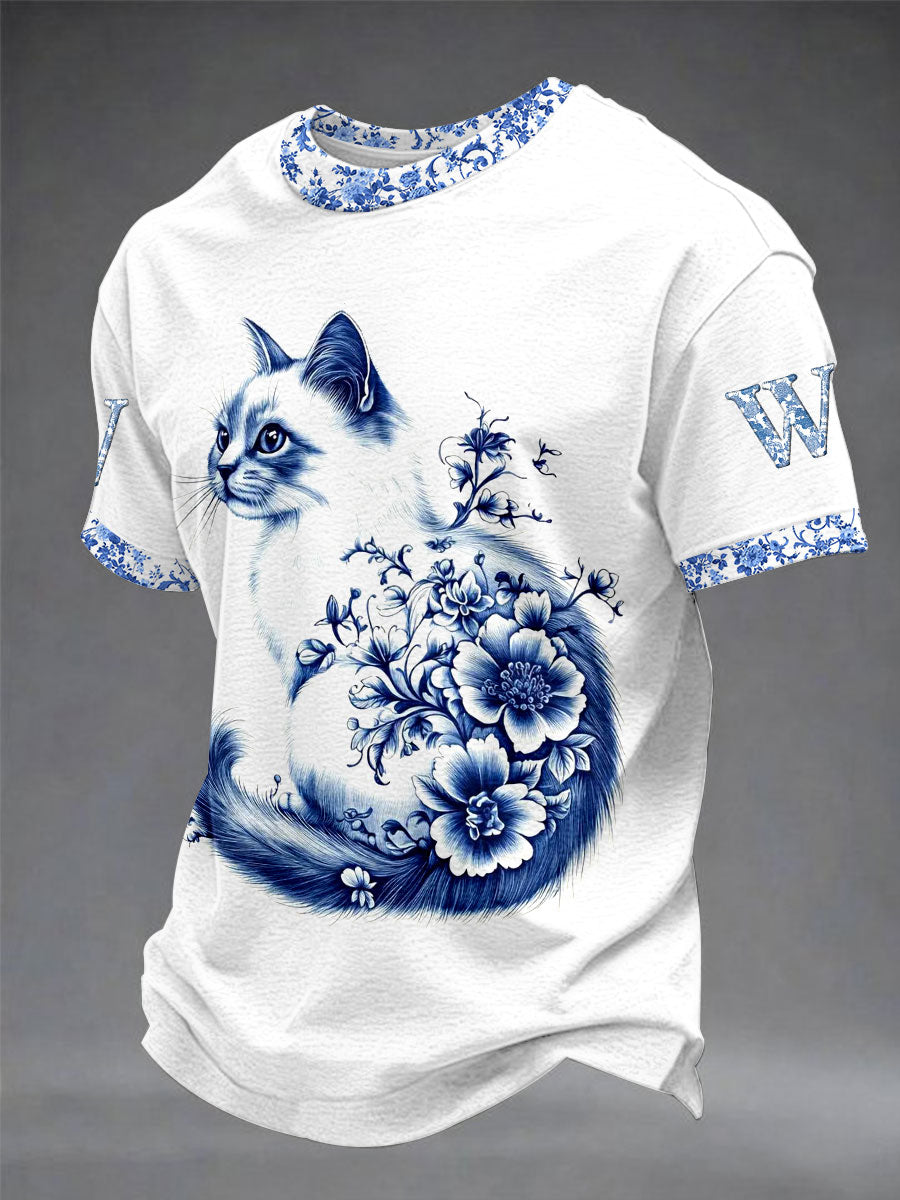 Men's Animal Cat Retro Unisex Casual Short-Sleeve T-Shirt