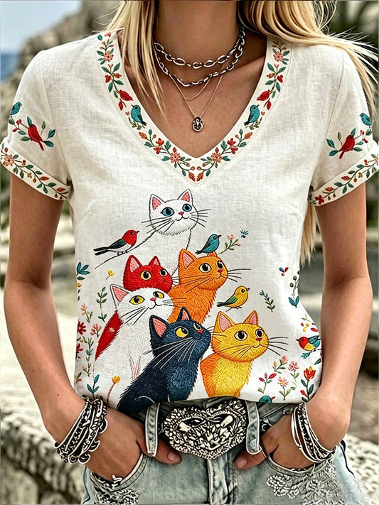 Women's Vintage Cute Cat  Pattern Linen Short-sleeve Top