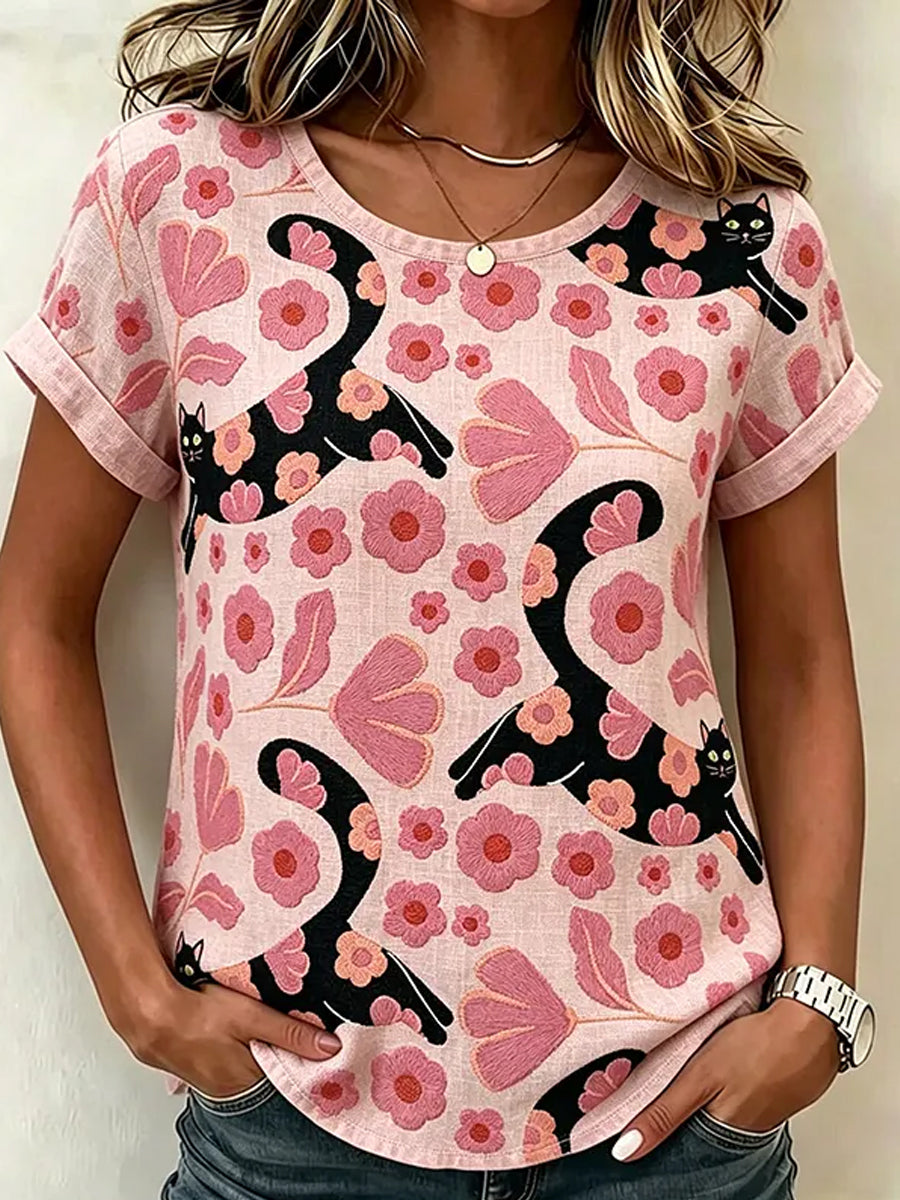 Women's Cute Black Cat With Floral Art  Linen Short Sleeves Top