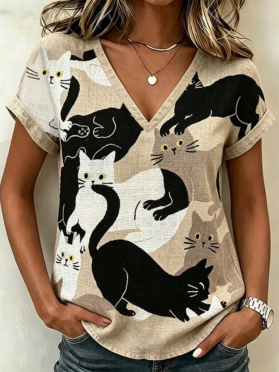 Women's Cute Cat Abstract Art Pattern Linen Short Sleeves Top