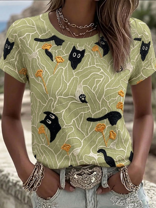 Women's Black Cat Hiding In Plants Pattern Linen Short Sleeves Top