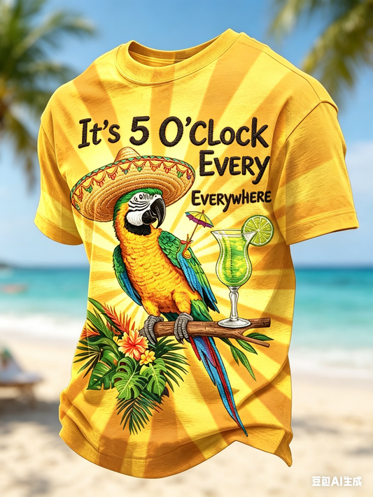 Men's It's 5 O'Clock Everywhere Printed Vintage Fashion Loose Short Sleeve T-Shirt
