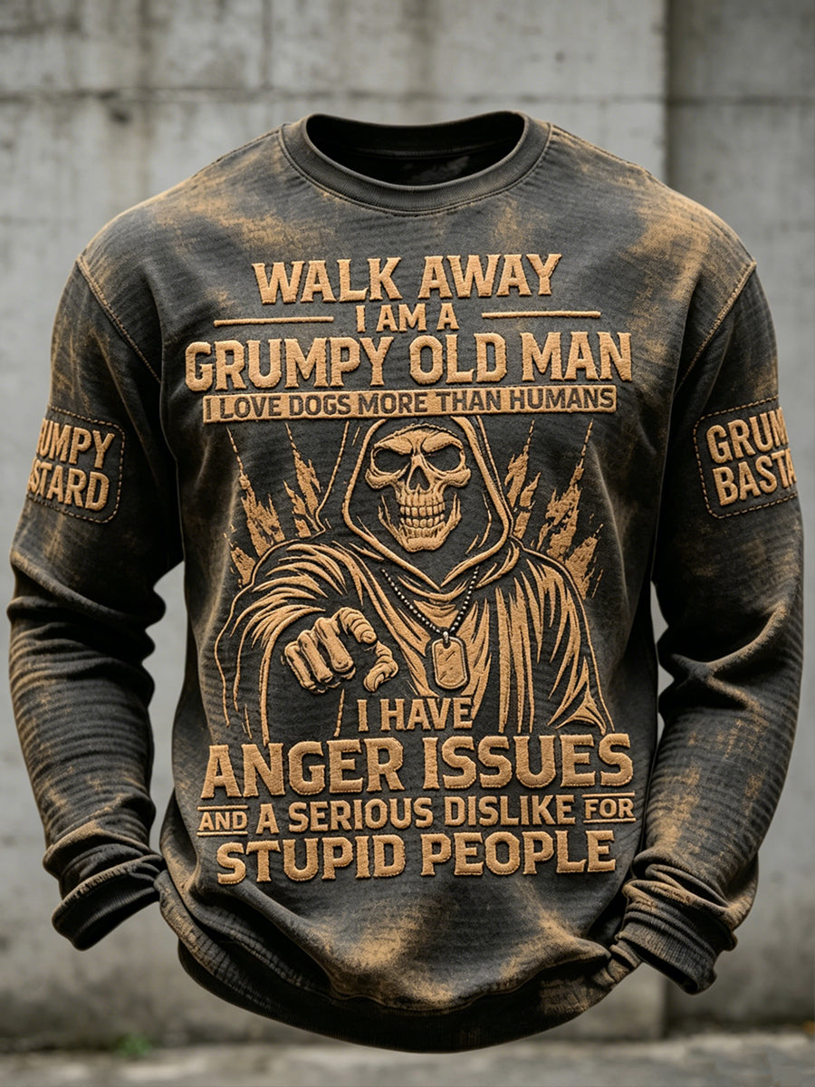 Men's Grumy Old Man Printed Waffle Long Sleeved Round Neck Sweatshirt