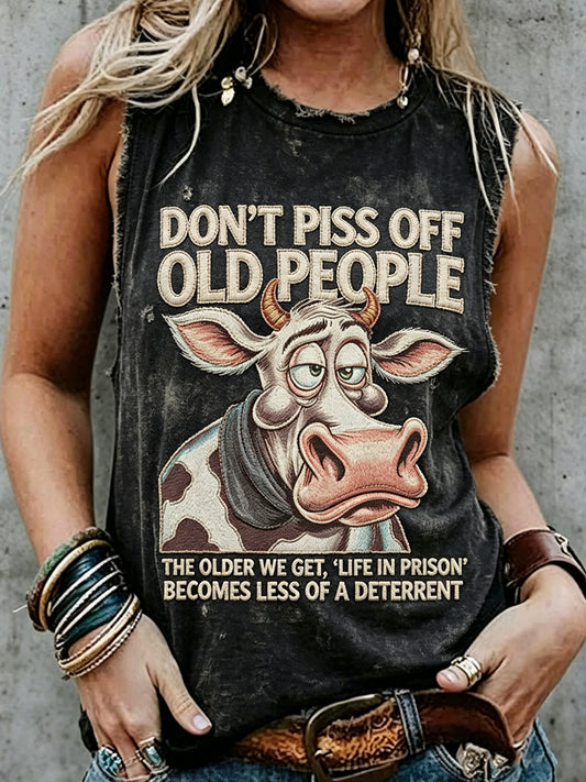 Women's Retro Don't Piss Off Old Peopel Print Sleeveless Tank Top