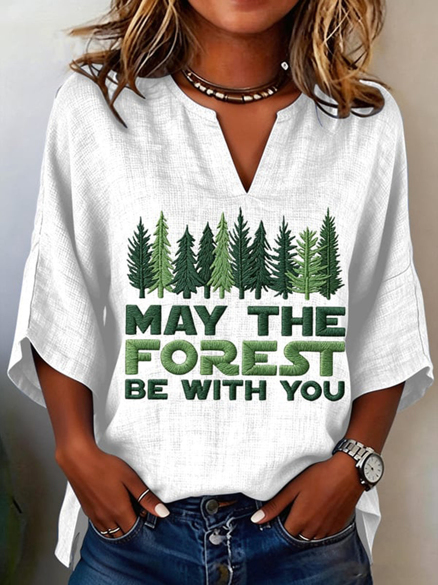 Women's May The Forest Be With You Printed V-Neck Shirt