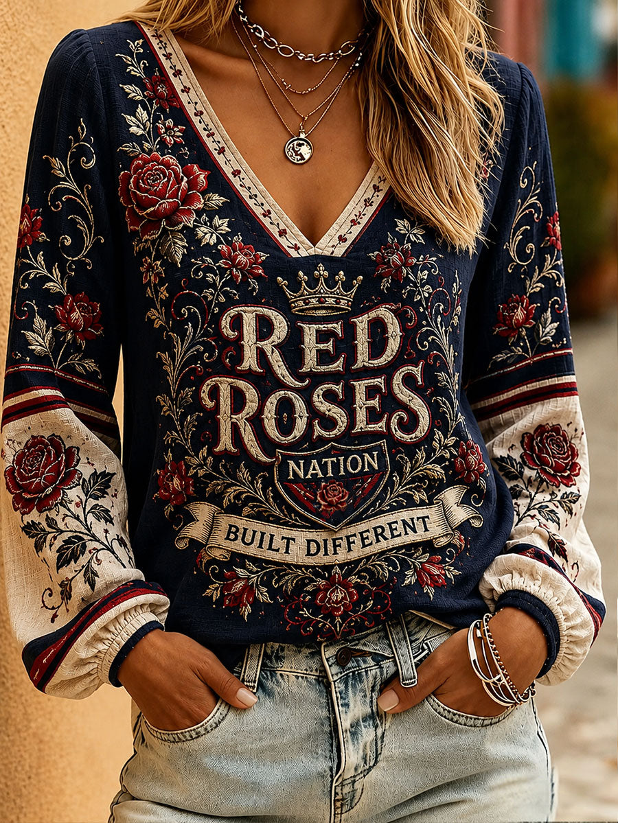Women's Roses England Rugby Lover Art Printed Linen Tops