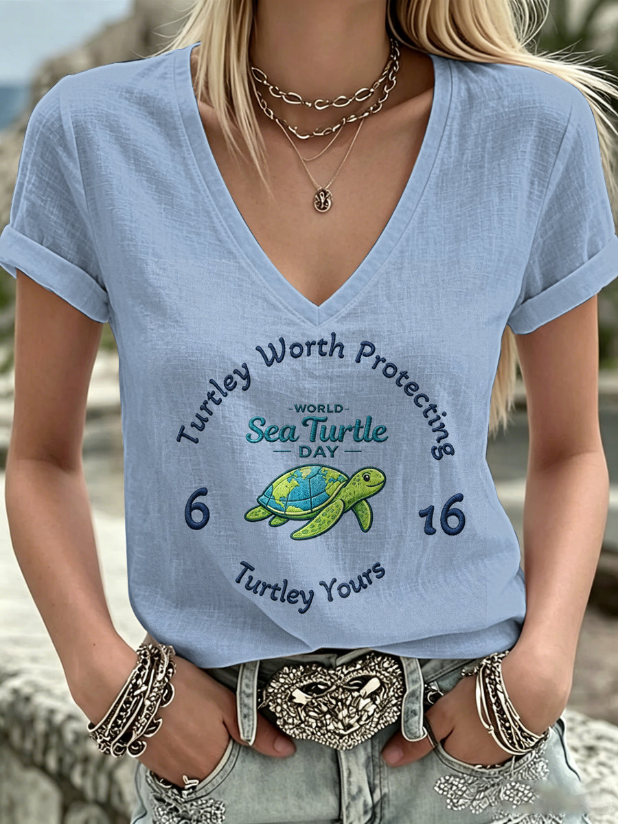 Women's World Ocean Day Print V-Neck Casual T-Shirt
