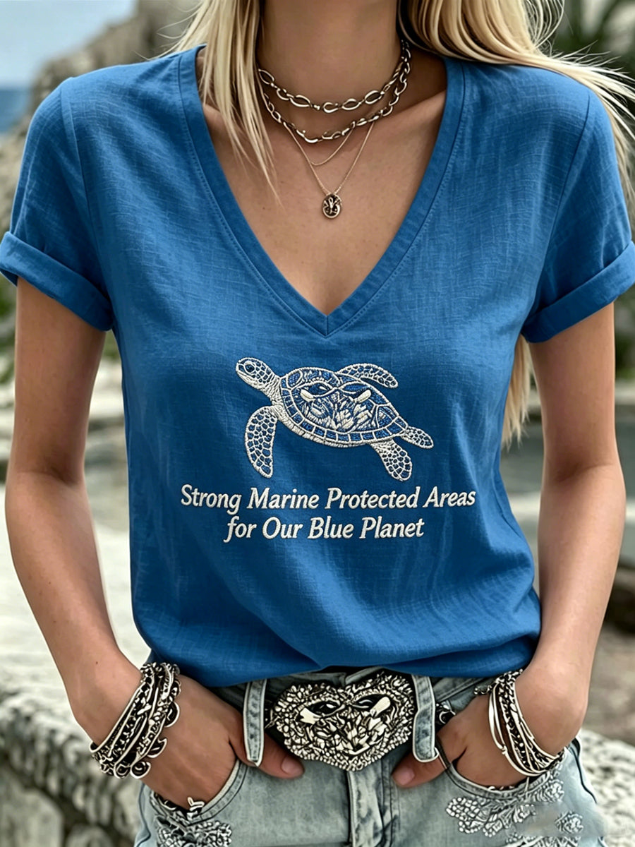 Women's World Ocean Day Print V-Neck Casual T-Shirt