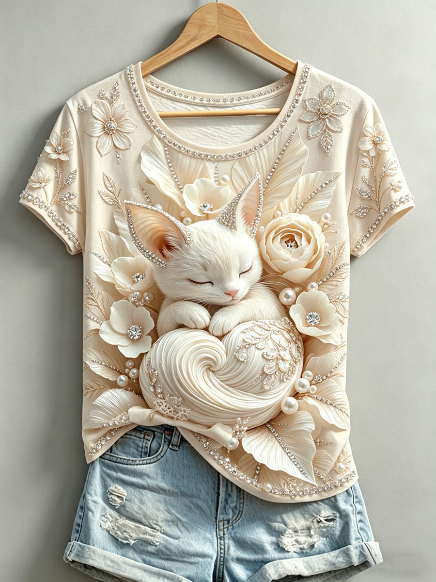 Women's Floral Cat Print T-Shirts
