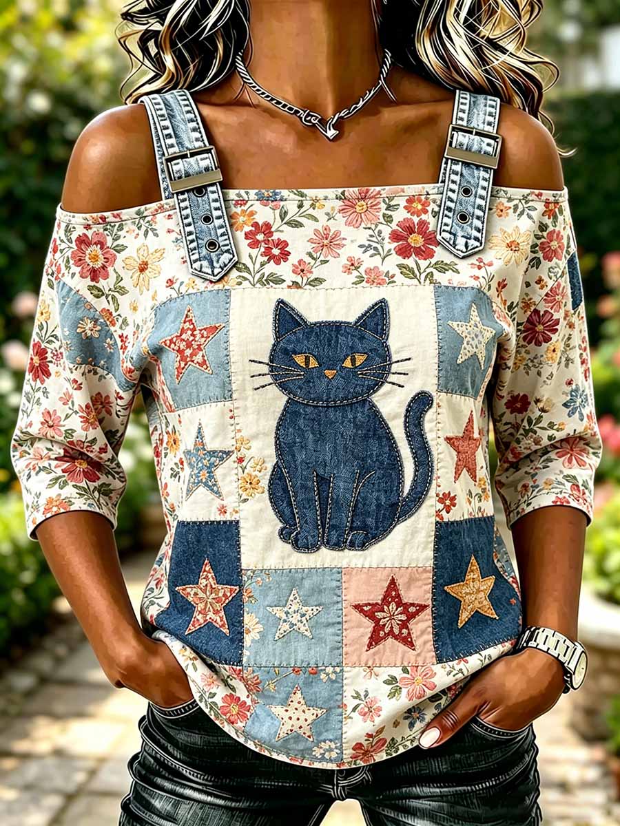 Women's Fashion Animal and Floral Patchwork Print T-Shirt